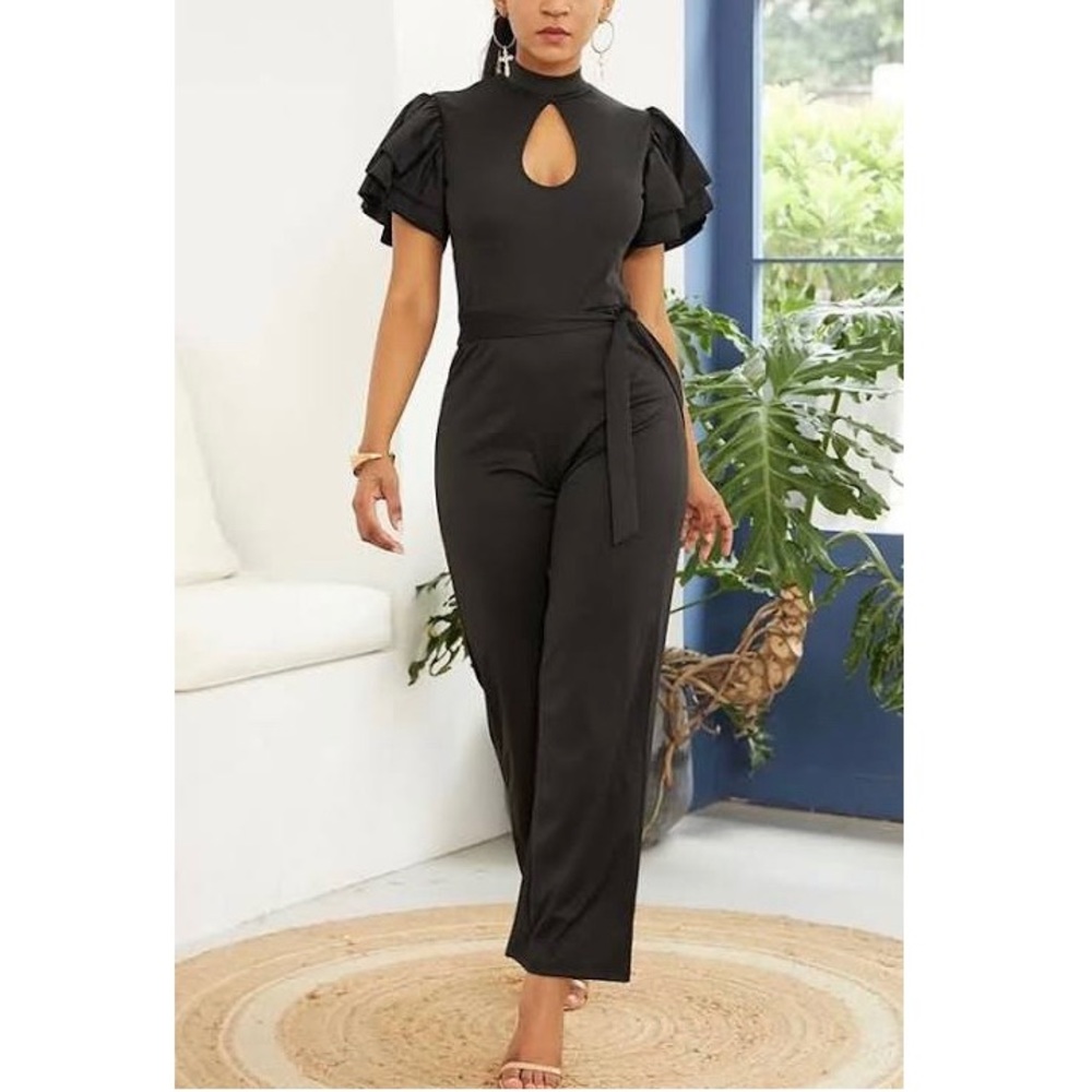 Tied Keyhole Mock Neck Wide Leg Jumpsuit